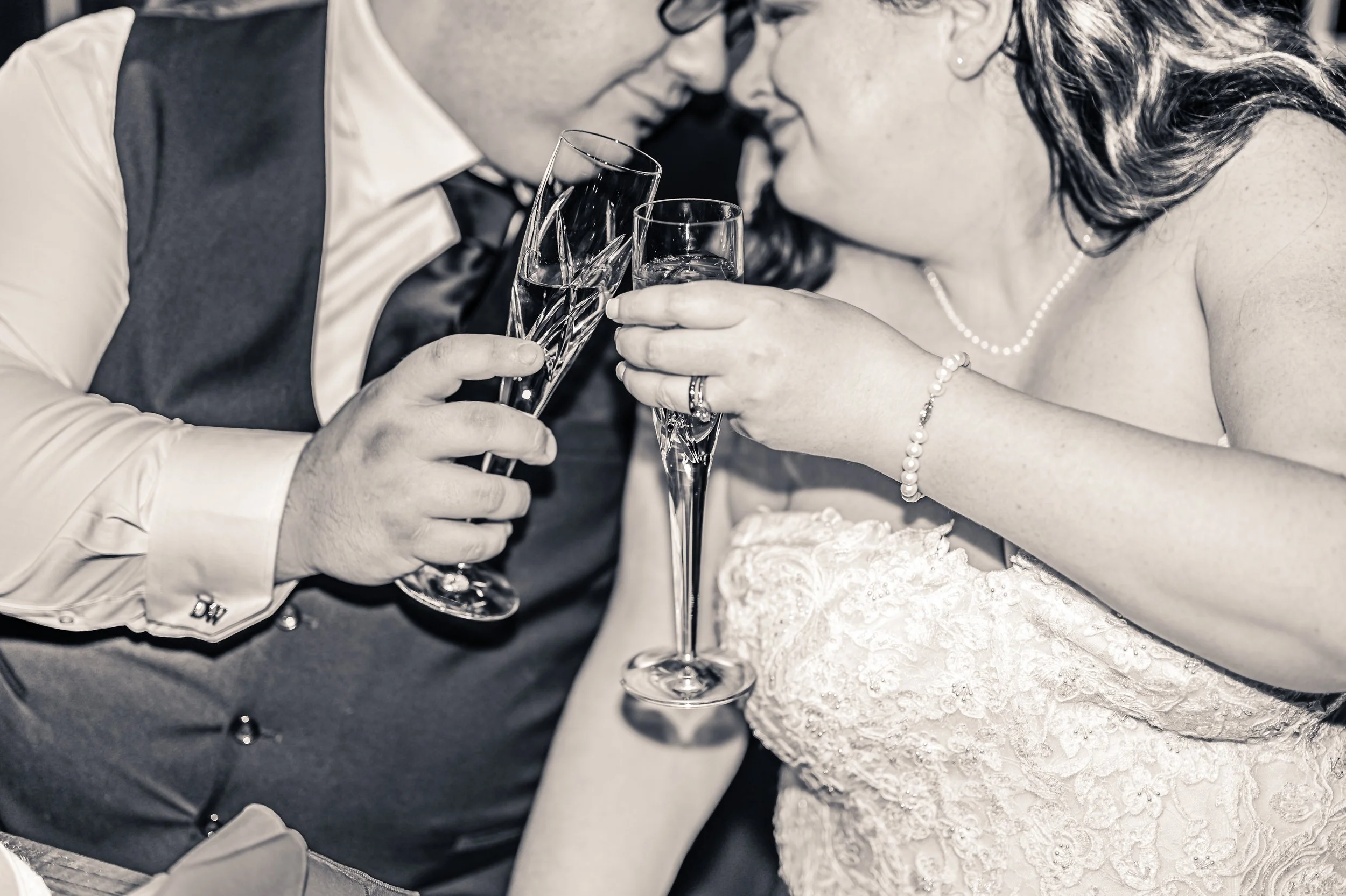 white couple toasting with wineglasses , black and white photo, wedding, Penn Rynn, Philadelphia, Pennsylvania