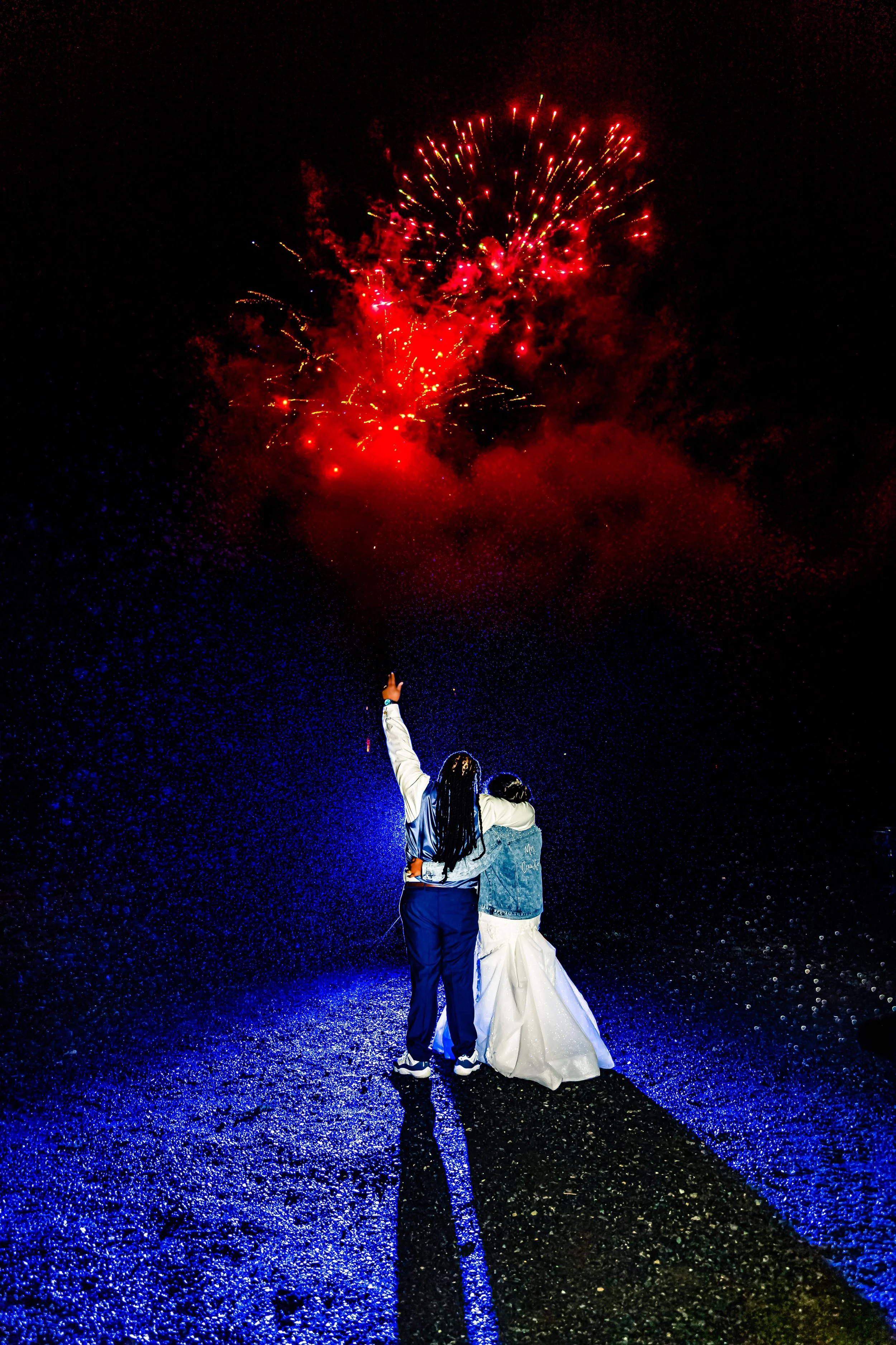 black couple looking at fireworks, blue backlight, wedding, Blue Mountain Lodge, Palmerton, Pennsylvania