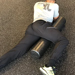 A great way to target the adductors (groin) is to place the roller under one hip while in a prone position.