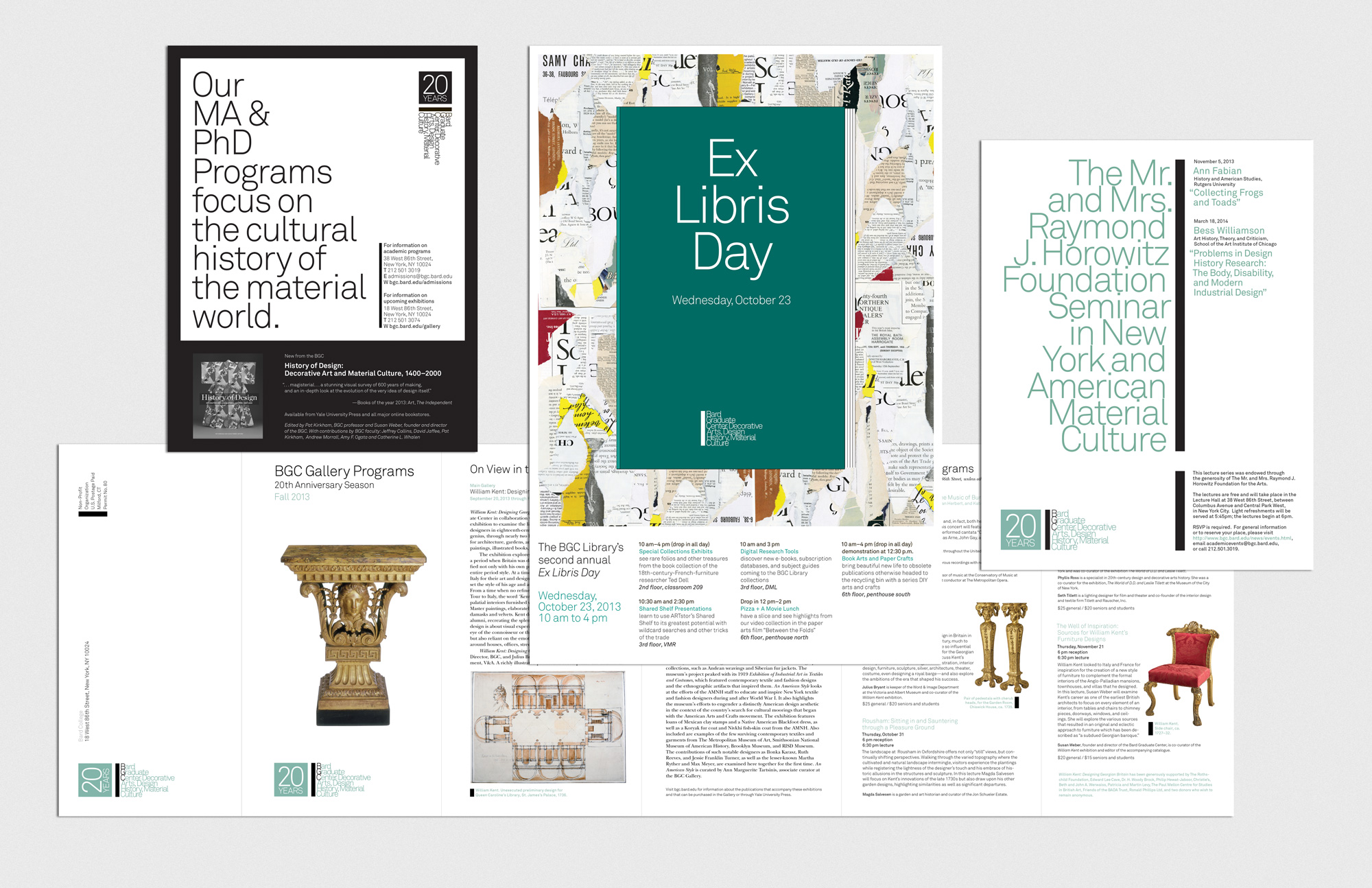 New York Times advertisement, BGC Library event poster, one of a series of flyers announcing lectures at BGC, and a seasonal brochure announcing gallery programs.