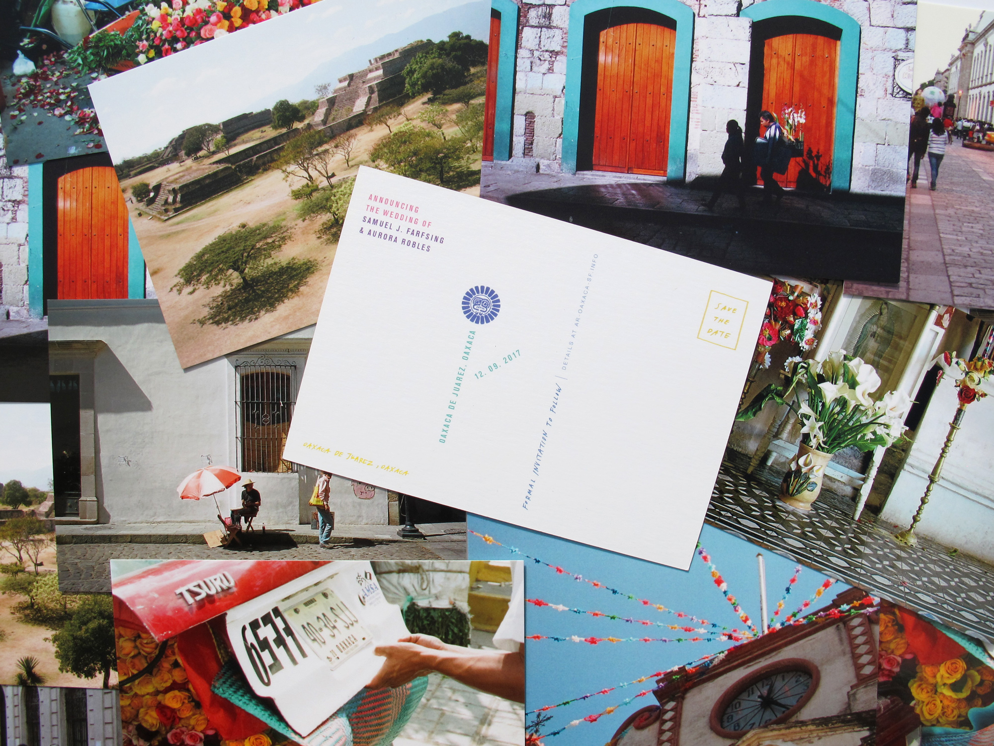 Save the date postcards for SF &amp; AR in Oaxaca, featuring personal 35mm photography of Oaxaca City.