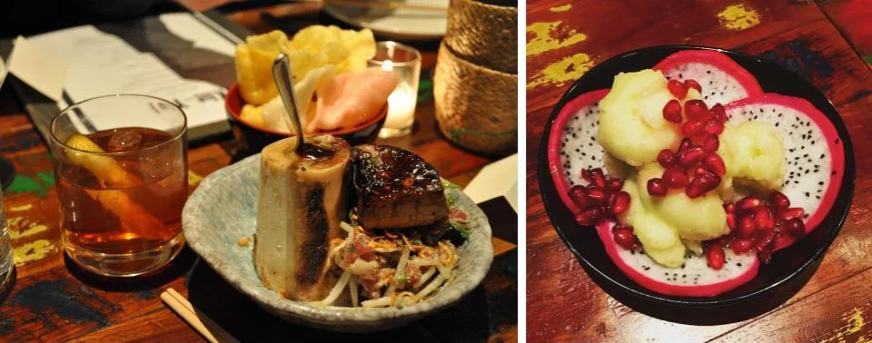 Tuna Laap (left) and Lime Mint Sorbet & Pomegranate (right).