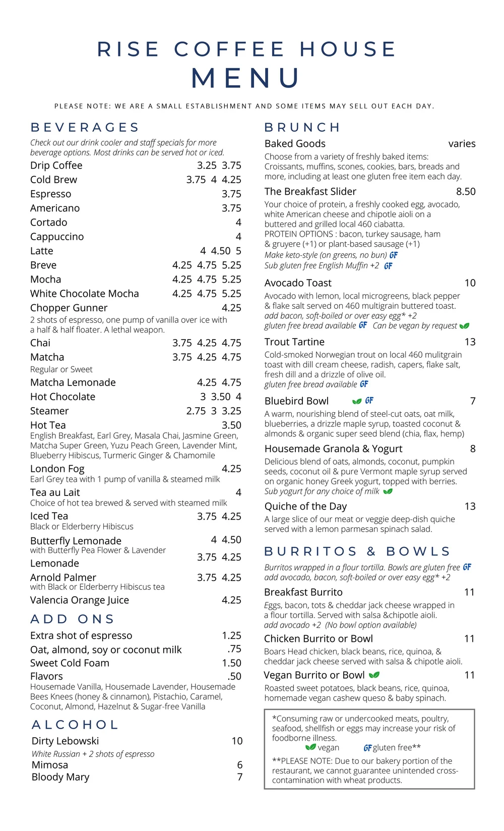 Roxburgh Rise Menu Rise Coffee House