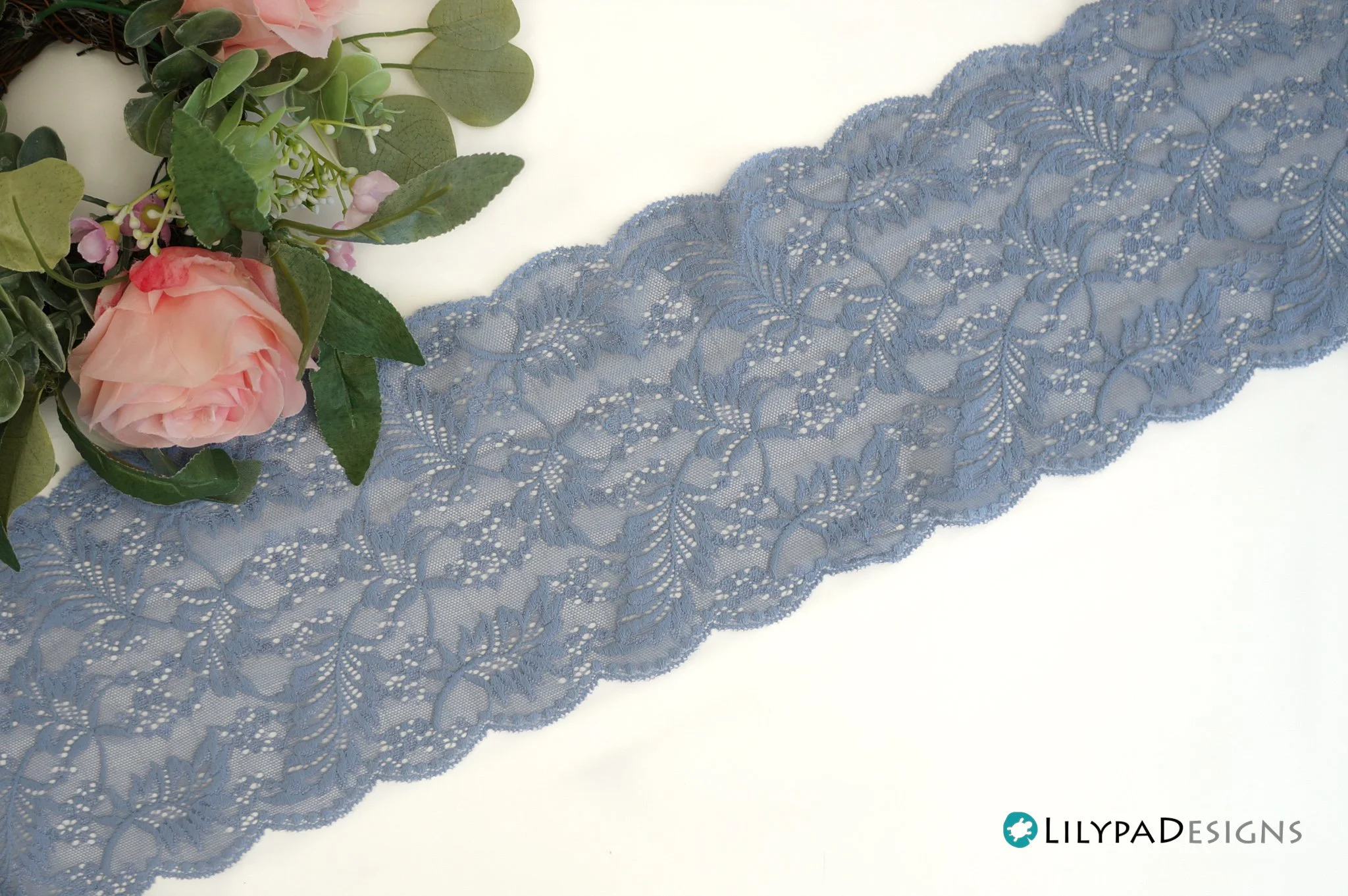 Stretch Lace - Blue Steel  - 6.3" (16 cm) Galloon Lace - Euro Collection