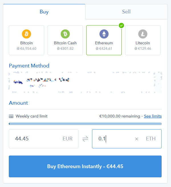 Slik ser menyen ut når du kjøper ethereum.