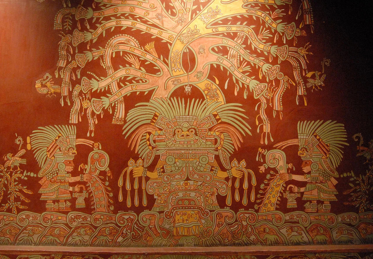 “This reproduction of one of the murals depicting the Great Goddess of Teotihuacan from the Tepantitla apartment complex located at Teotihuacan is in the National Museum of Anthropology in Mexico City.” Archaeologist Peter Furst argues that the mural depicts the morning glory vine.