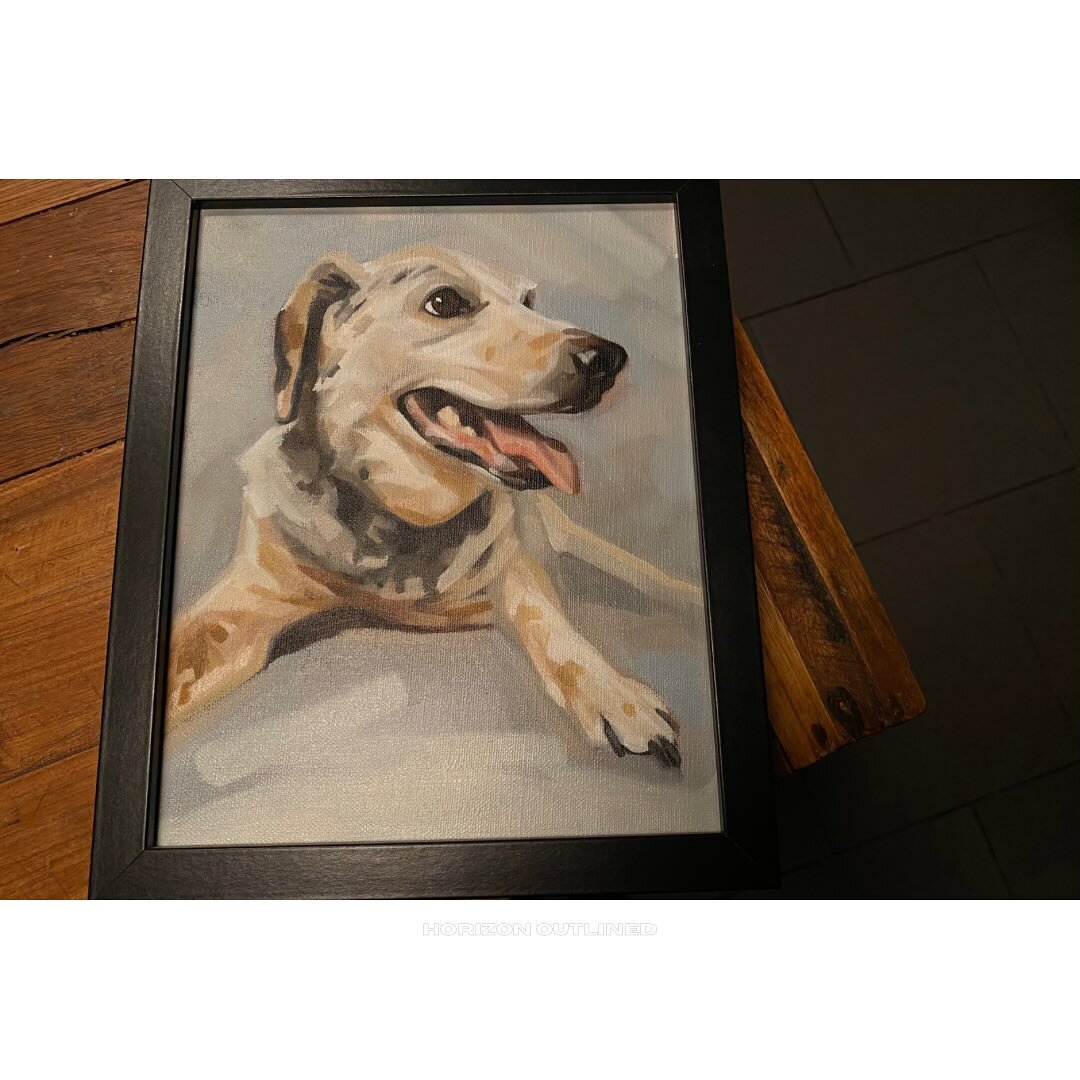 We decided not to get Oskar&rsquo;s ashes because we aren&rsquo;t the urn type of folks + his favorite place was just being with his people. So when we received this portrait of Oskar by @sandymacstudio we finally feel like we have him back at home. 
