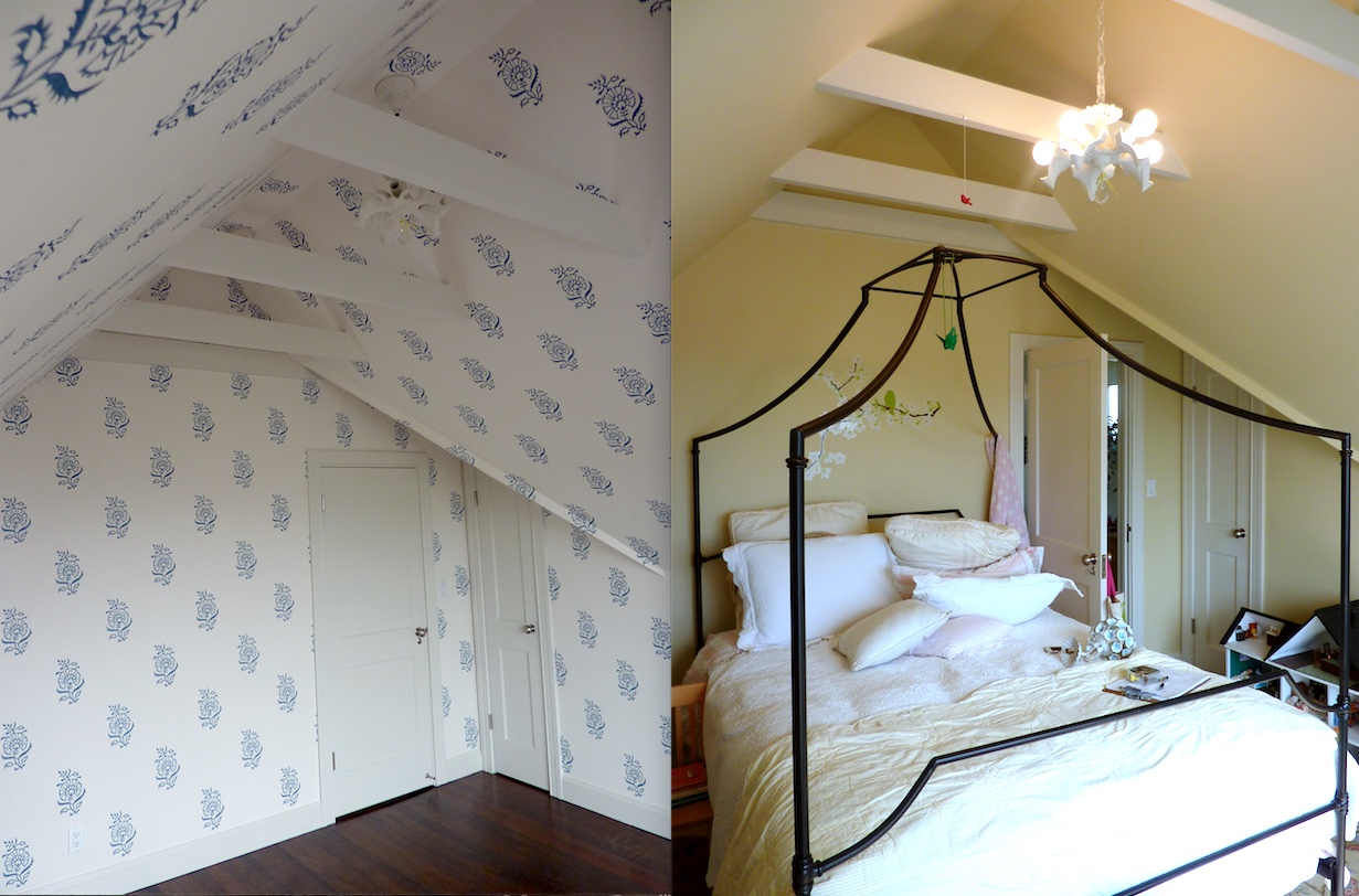 A great After + Before example here... A room can be TRANSFORMED with just wallpaper!