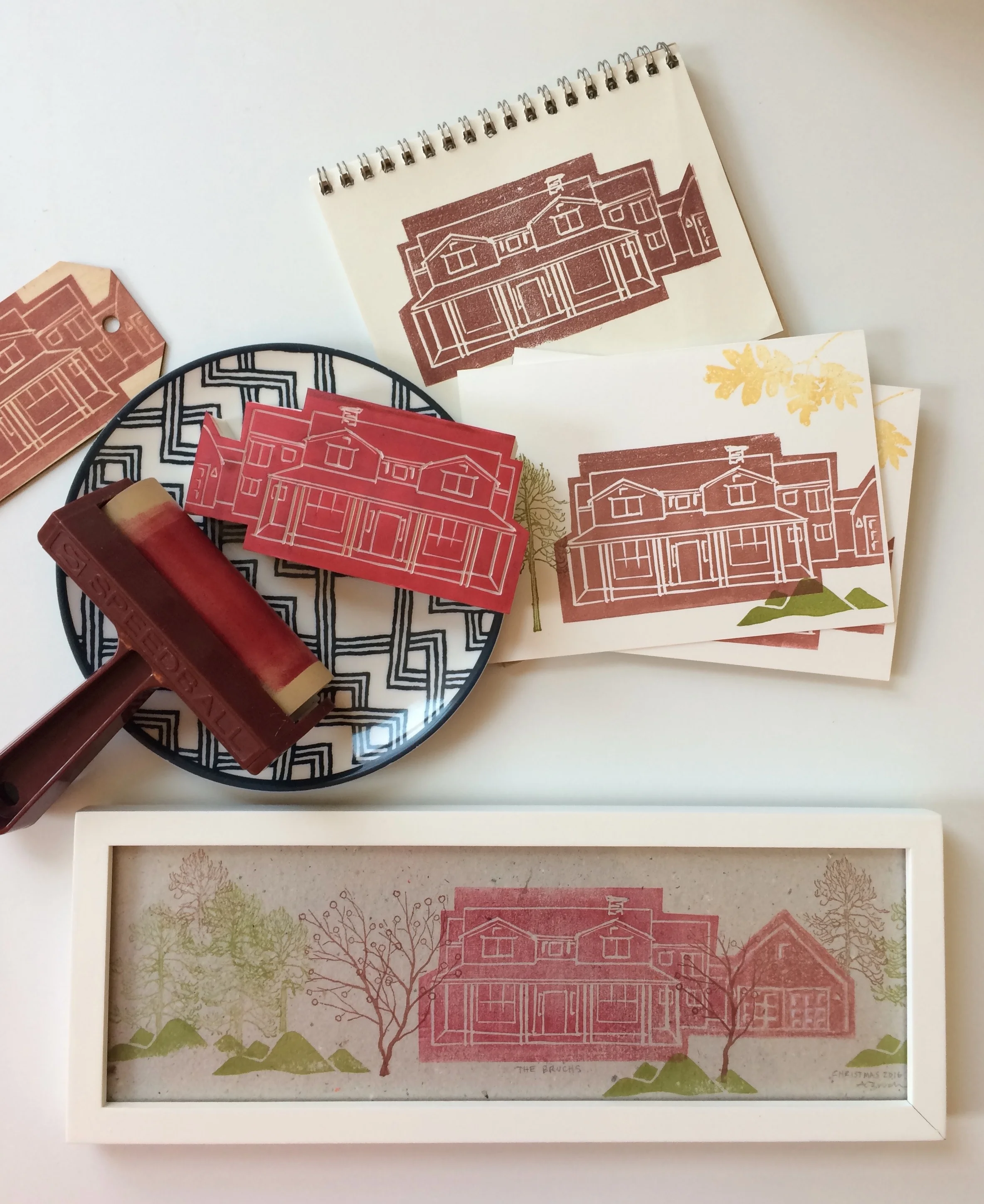 Hand carved depiction of house, custom packet includes framed print and collection of hand stamped greeting cards - my latest artistic projects.