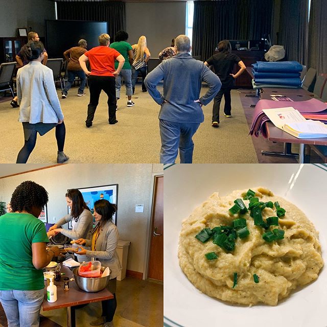 On Mondays I do Cancer survivorship Shared Medical Visits - which is always super fun. We focus on Menu, Movement, and Mindfulness every visit. Today we did a fun aerobic workout and focused on healthy thanksgiving sides such as cauliflower mash inst