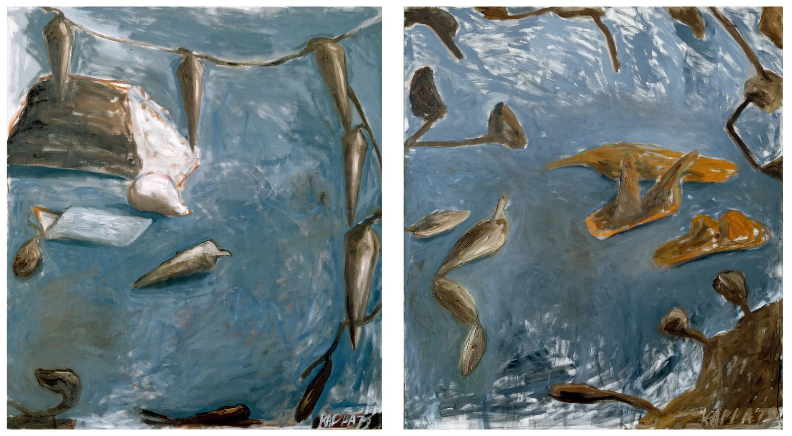 Stundenablauf , 1979, Oil on canvas diptych, 51.37h x 45.27w in (130.5h x 115w cm each), Morat-Institute, Freiburg in Breisgau