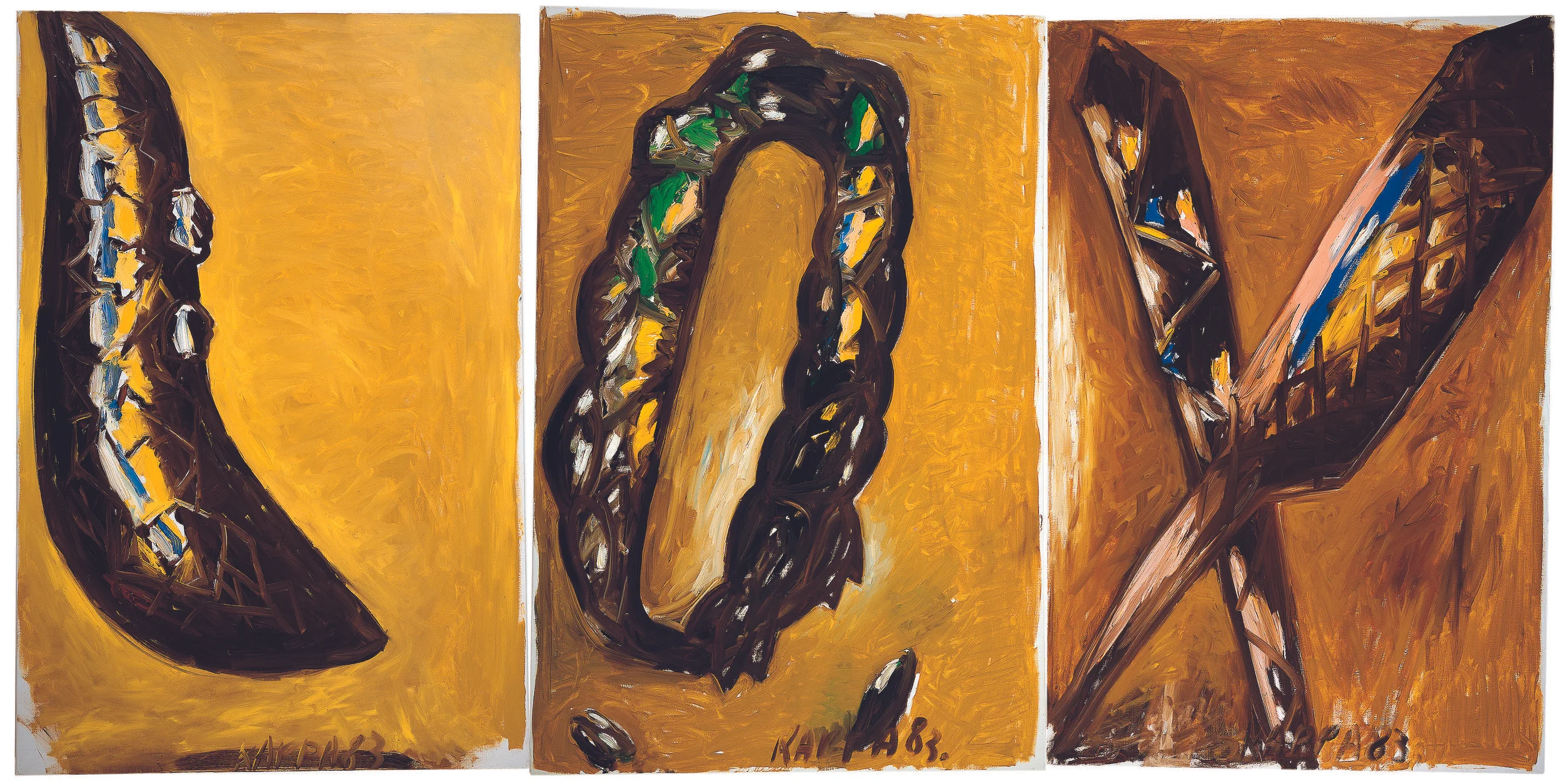Lox , 1983, Oil on canvas, 59 x 39.37w in (150h x 100w cm each) triptych, Private collection