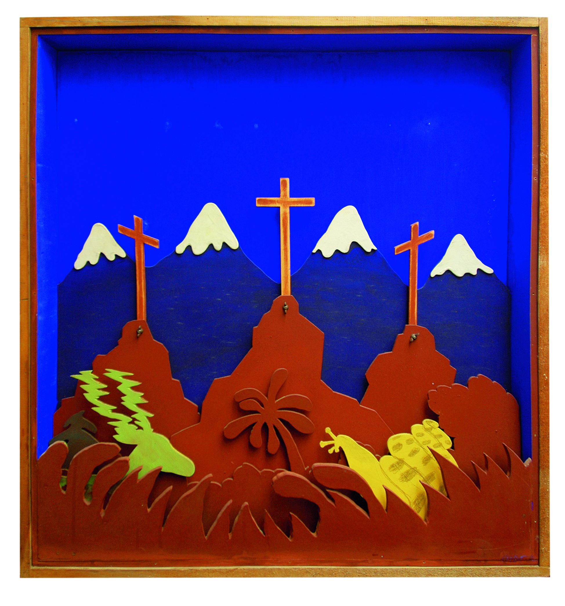 3 Kreuze im Gebirge , 1970, Acrylic on plywood, 42.91h x 38.77w x 6.69d in (109h x 98.5w x 17d cm)