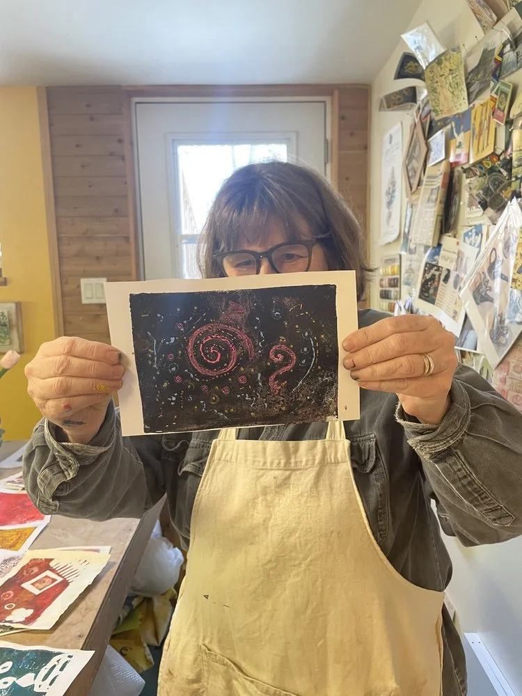  Karen Franzen was thrilled with the gel printing process.  The next class is Sat April 4, 10-1 at 3 Wembley Rd 