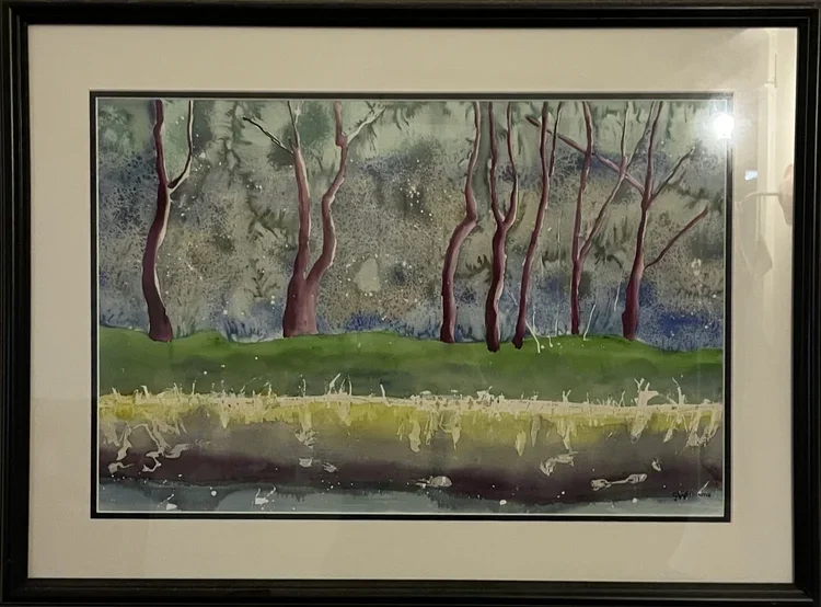  Magenta Trees in Chatham, original framed watercolour,27x20in  [please excuse the reflection] $300 
