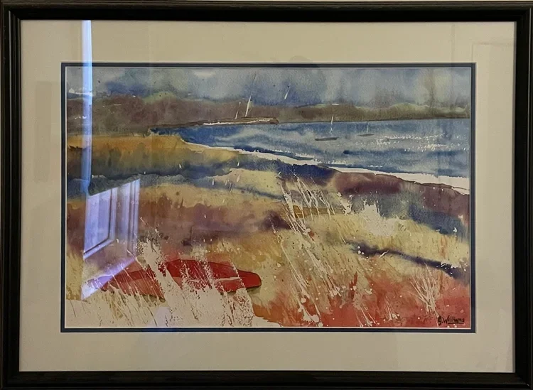  Red Canoe in Chatham, original framed watercolour, 27x20 in  [please excuse the reflection] $300 