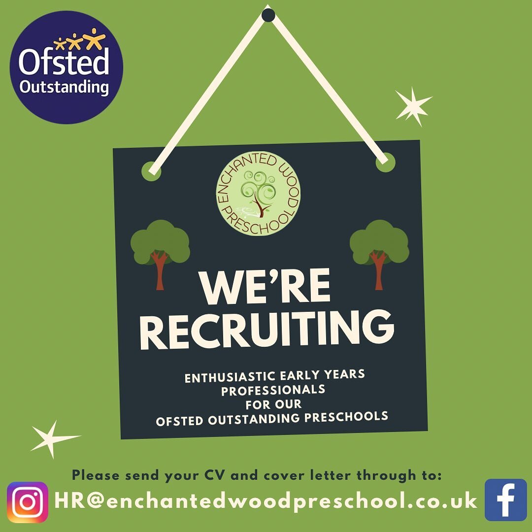 🌳 Enchanted Wood Preschool are recruiting&hellip;

Roles available include:

Location: VCD, Crayford- full time post 
Hours: 40 hours per week (four full day, one fixed day off per week)
Age Group: Baby/ Toddler Room
Salary: starting &pound;21,673.6