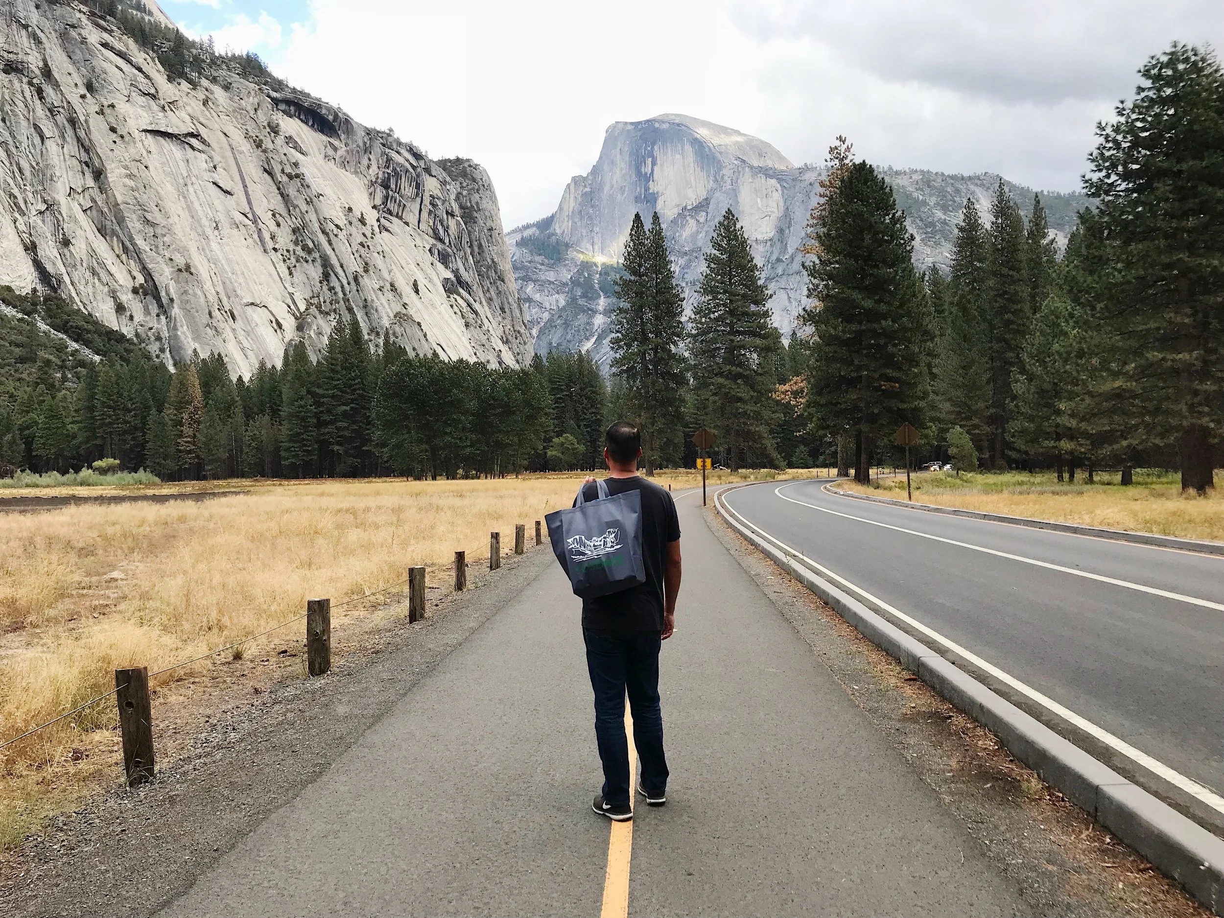 Walking back to camp after grocery shopping at the Yosemite Village store which is pretty well stocked.