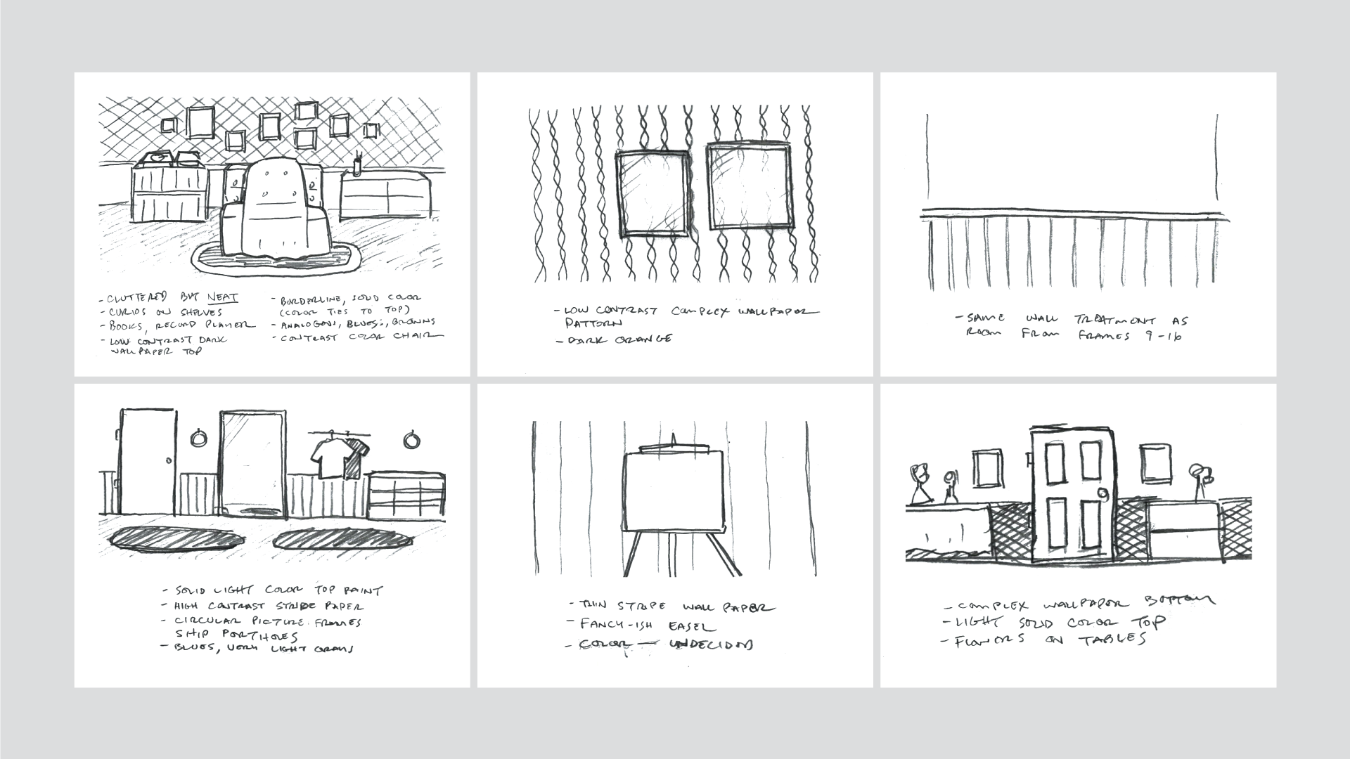 Along with mood boards, simple pencil renderings helped set decorators and wardrobe personnel arrive at the ideas set down in the art direction phase.