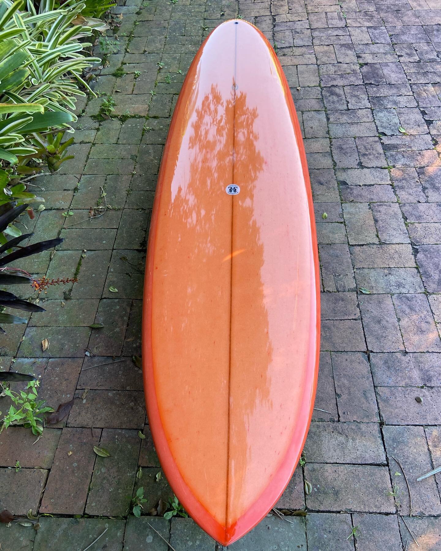 7&rsquo;6&rdquo; custom For @teddyclifford  this board features a progressive rocker, flat entry to vee off the tail with 4 channels combined with twin fin set up.  Super fun design &ldquo;the mind can heal&rdquo;  Glassed in orange tint and glossed 