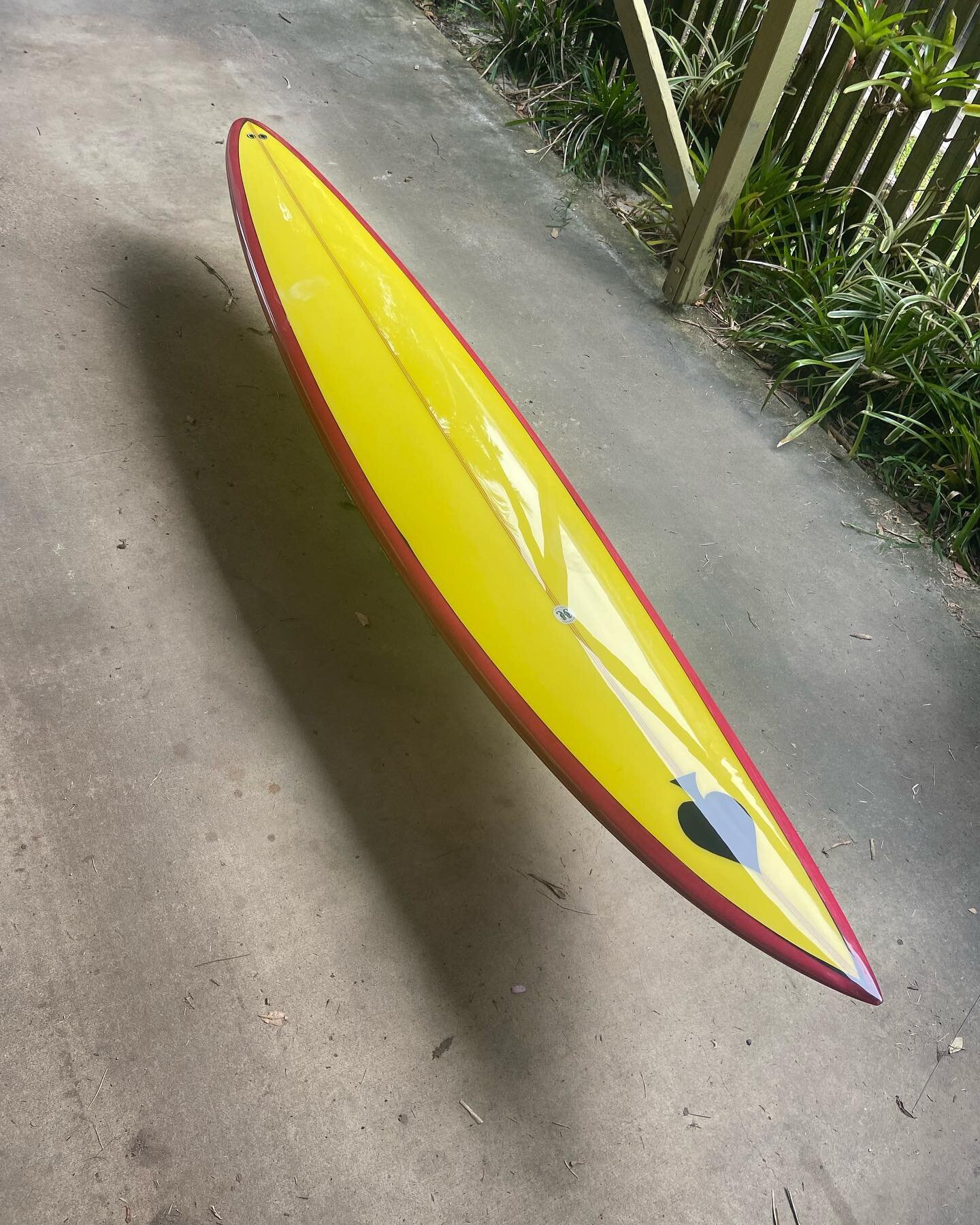 10&rsquo;2&rdquo; &bull; custom handshaped quad fin gun for @joff_burney features a 2x 6mil stringer, glassed in a combination of 7.5ounce and 6ounce Fiberglass cloth, red/yellow resin tin , glossed and polished ready to surf! Surfboards available @s