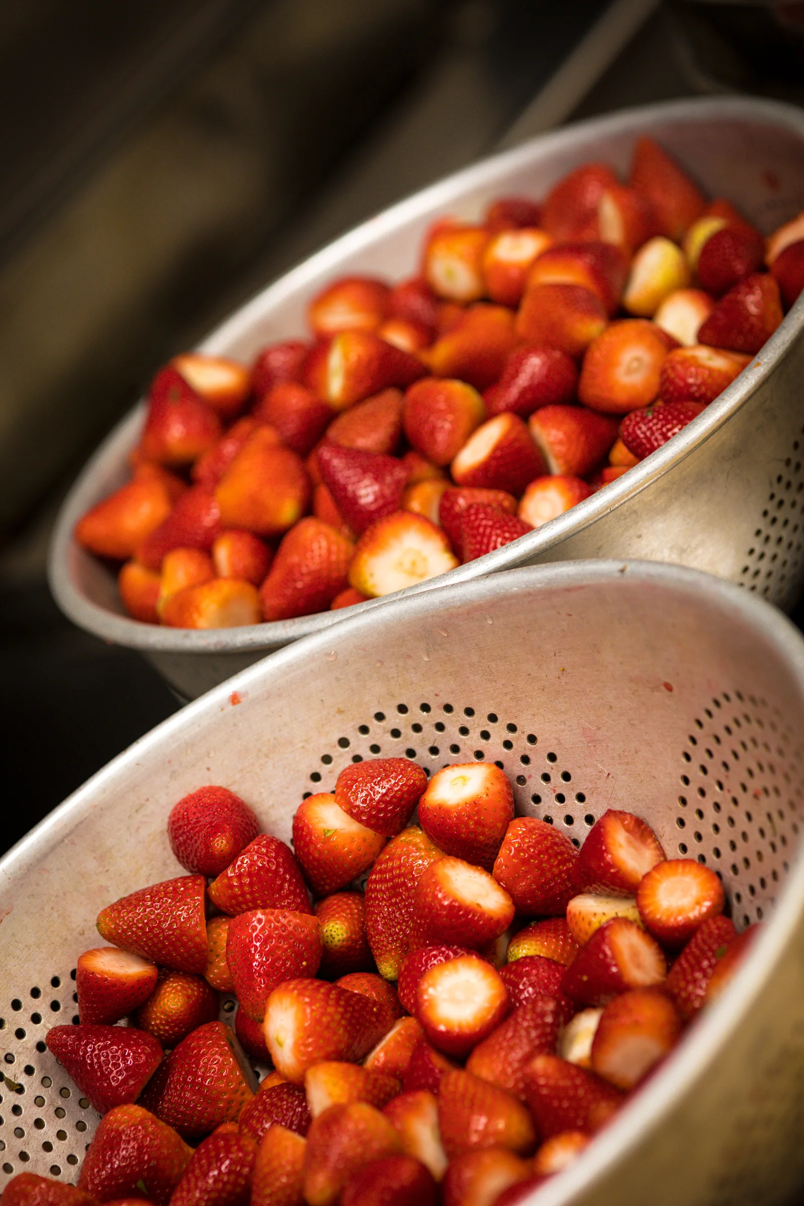 Crates of fresh strawberries are used daily in our cakes.