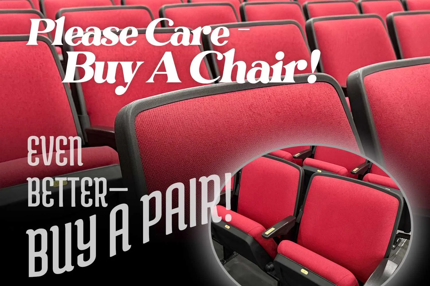 rows of red theatre chairs with an inset photo of two chairs together