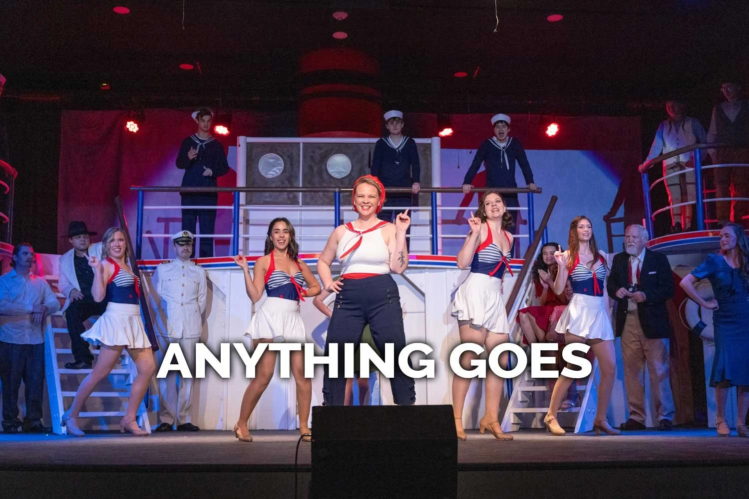 Full cast on stage for the show anything Goes presented by the Spanish Trail Playhouse