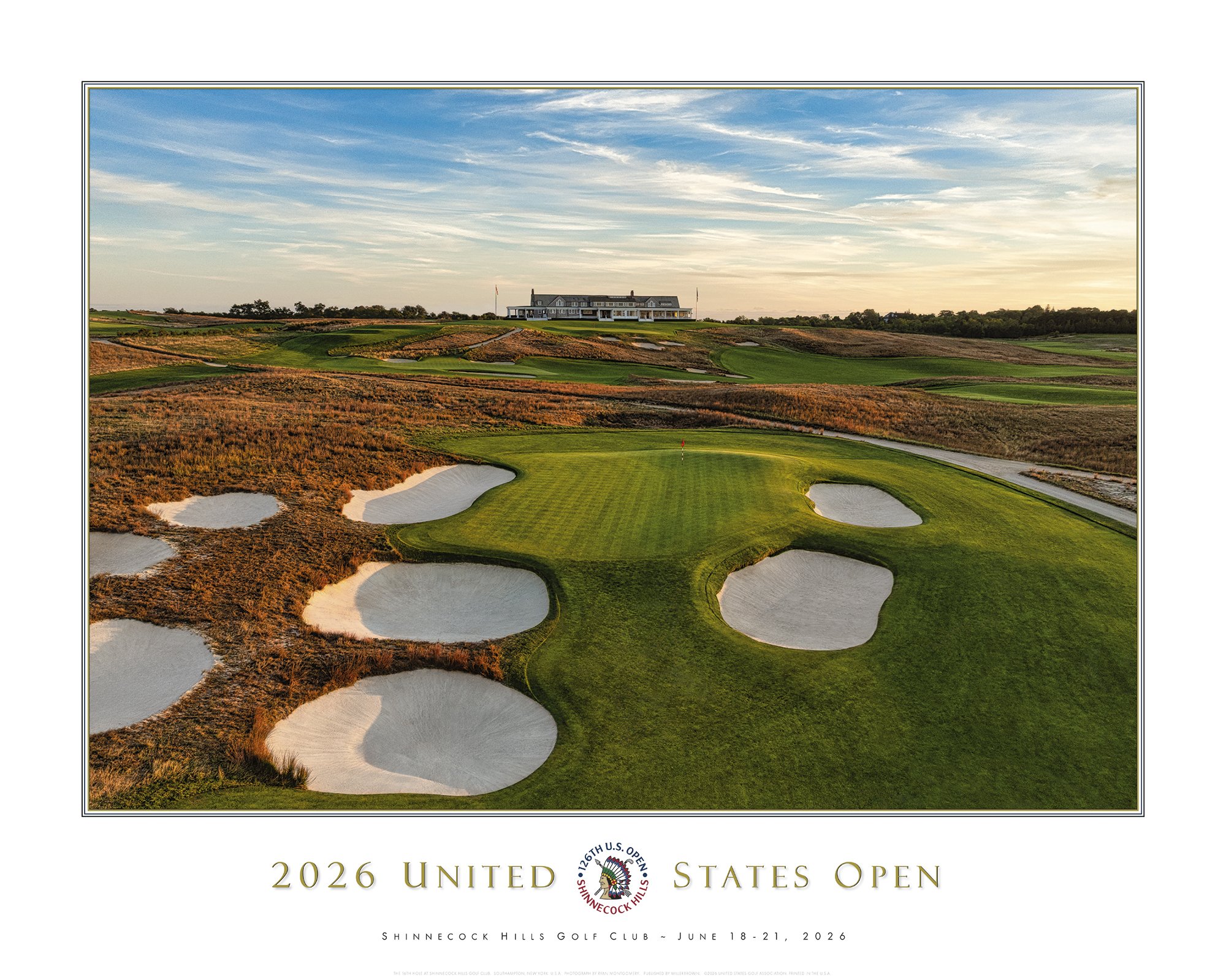 2026 US Open Poster featuring the 16th Hole at the Shinnecock Hills Golf Club in South Hampton, New York. Wyhndam Clark won the 126th US Open.
