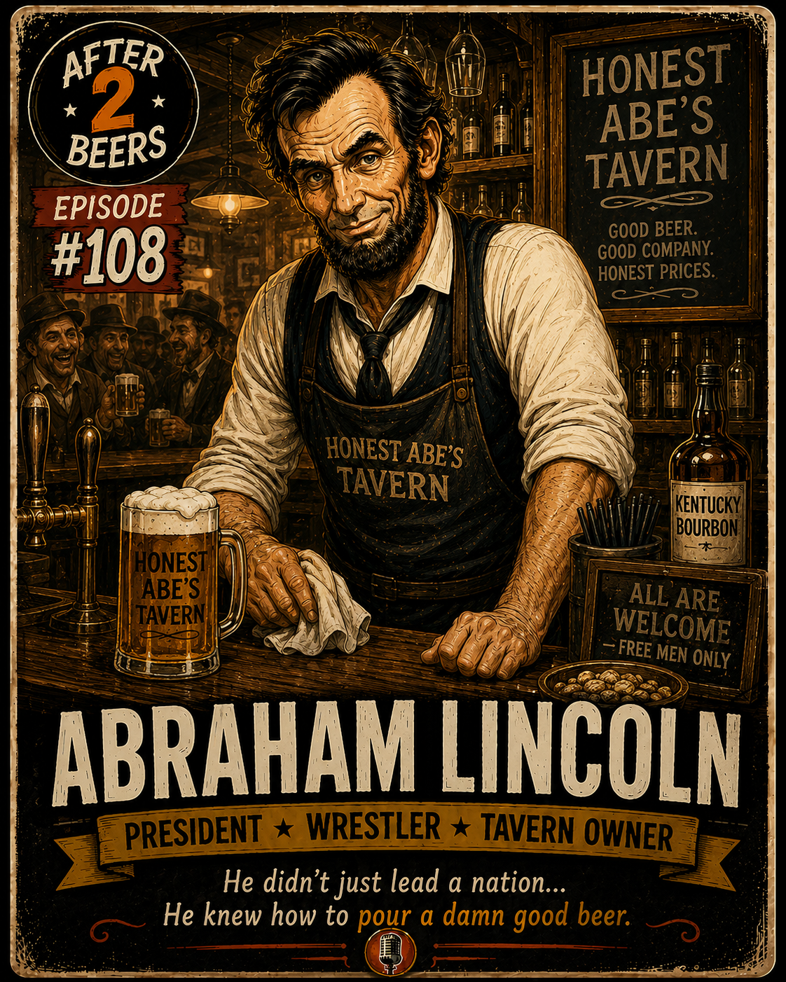 A vintage-style illustrated poster featuring Abraham Lincoln as a bartender at Honest Abe's Tavern. Lincoln is cleaning a beer mug, surrounded by a bar scene with patrons and bottles, with signs promoting good beer and free men. The poster celebrates Lincoln as a president, wrestler, and tavern owner, with humorous text about leadership and beer.