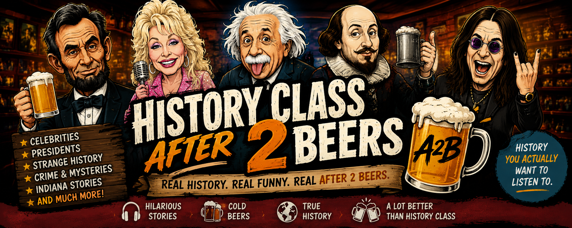 Cartoon illustration of five people at a bar, with a sign for a history class called 'After 2 Beers'. The people are smiling, holding beers and microphones, with a background of shelves filled with bottles. The right side shows a person with sunglasses and a black leather jacket making a rock sign, two mugs of beer, and text, 'History you actually want to listen to.' The left side has a menu of topics including celebrities, presidents, strange history, crime, mysteries, Indiana stories, and more, with icons of a beer mug, headphones, globe, and text.