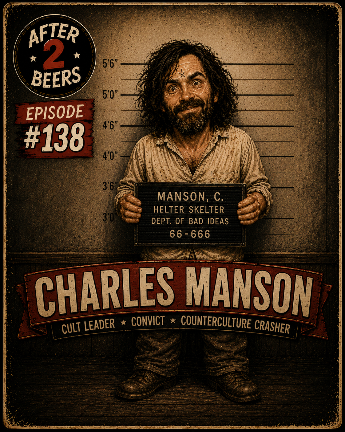 A humorous faux mugshot poster of Charles Manson, with wild hair and beard, holding a sign with his name and details. The poster labels him as a cult leader and counterculture crusher, from episode 138 of a series called 'After 2 Beers'.