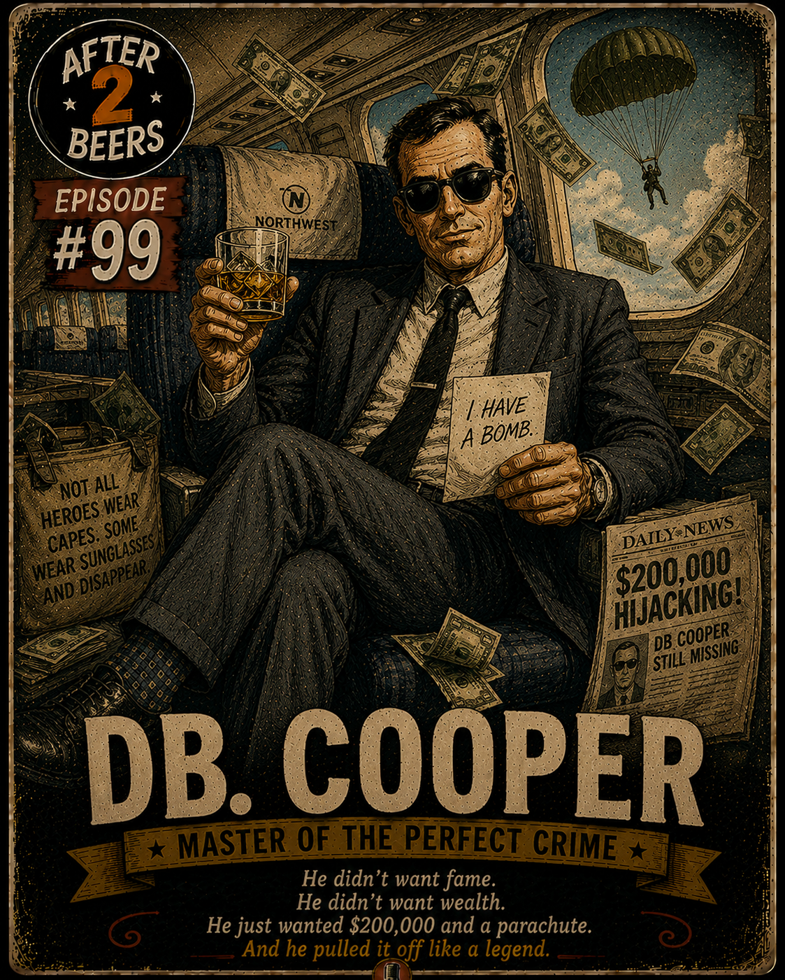 Illustration of a man in sunglasses and a suit sitting inside an airplane surrounded by money, holding a glass of whiskey and a note that says 'I HAVE A BOMB'. The background shows sky with clouds and a parachutist. Various newspaper headlines about a $200,000 hijacking and missing person DB Cooper are visible, along with a bag of cash and a sign with a quote about the crime.