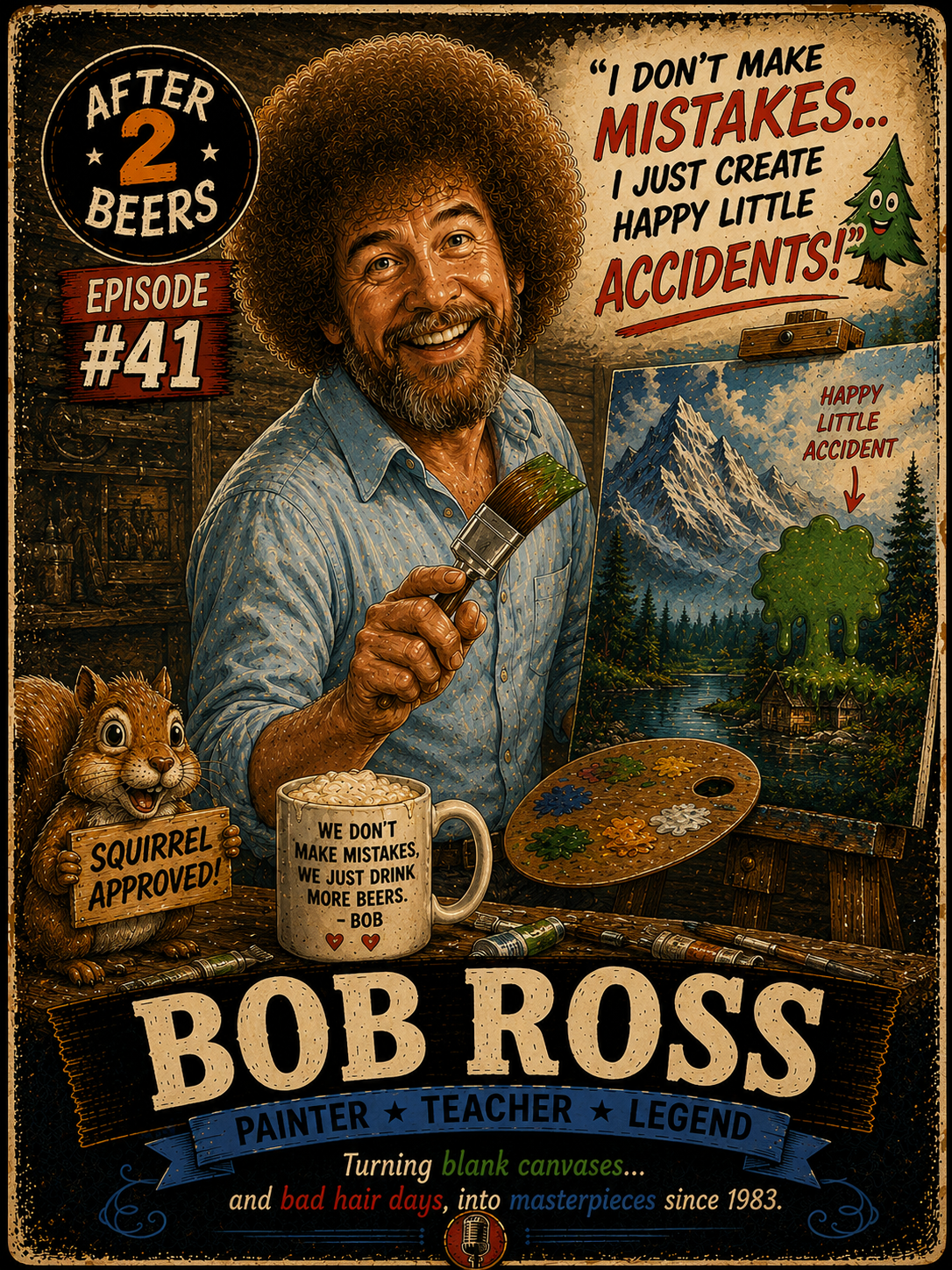 Illustrated portrait of Bob Ross, smiling, holding a paintbrush with green paint, on a painting of mountains and a lake. Surrounding him are art supplies, a squirrel holding a sign that says "Squirrel Approved!", a coffee mug with a quote, and a color palette. The background has a vintage-inspired design with movie episode info and humorous quotes.
