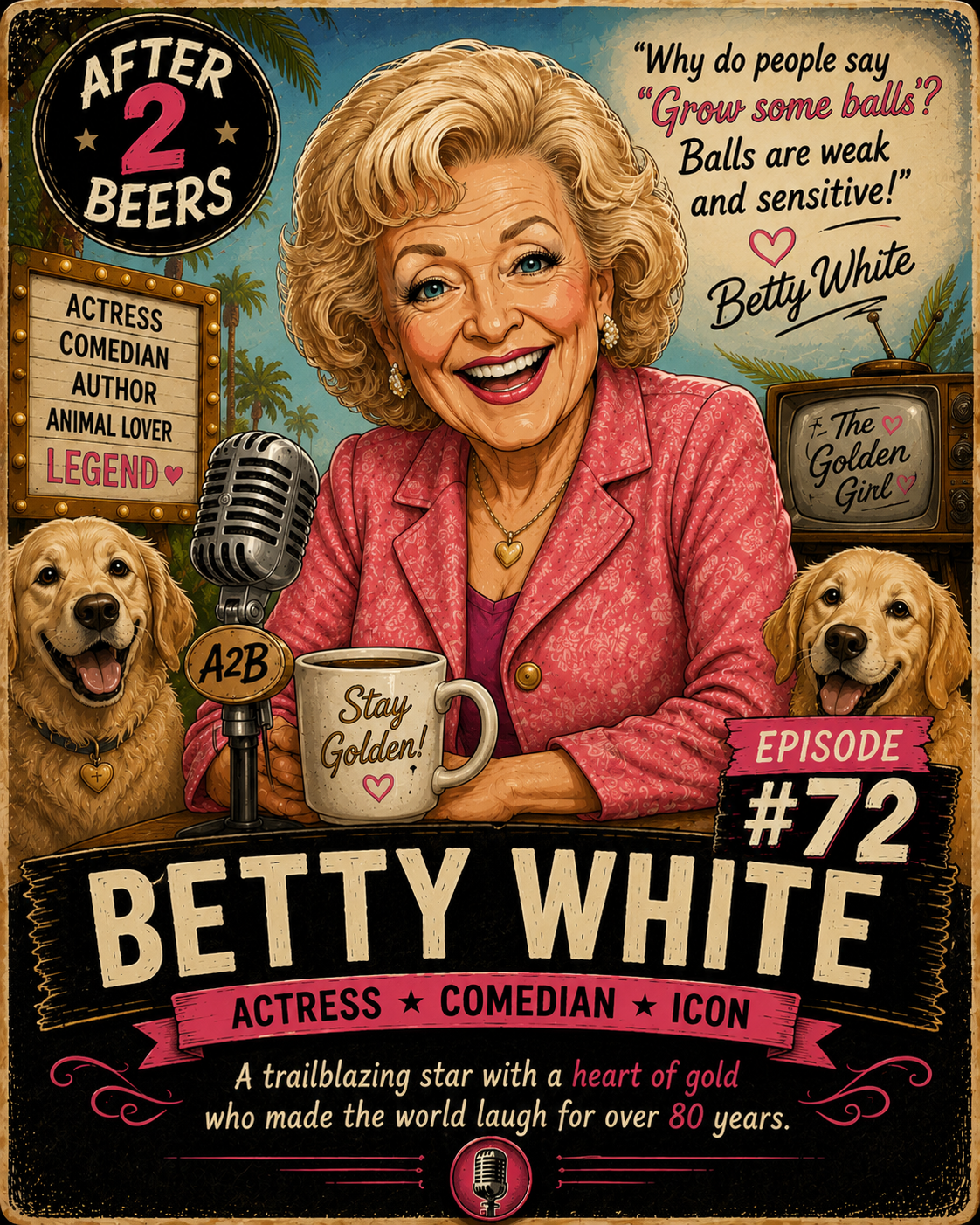 Illustration of Betty White surrounded by dogs, with a microphone and a coffee mug that says 'Stay Golden'. The background has tropical trees and a vintage TV with text 'The Golden Girl'. The image promotes episode 72 of a show titled after Betty White, describing her as an actress, comedian, icon, and legend, mentioning her age and humor.