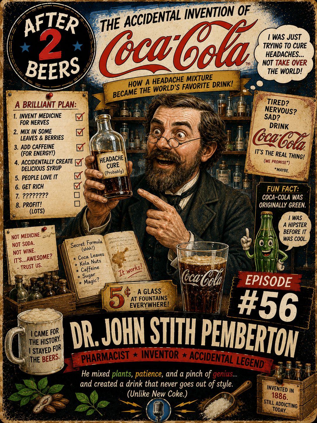 Illustrated infographic about the accidental invention of Coca-Cola by Dr. John Sith Pemberton, showing a man with glasses and a beard holding a bottle labeled 'Headache Cure (Probably)'. The poster includes humorous elements, a list of steps for inventing the drink, fun facts, and a brief history of Coca-Cola.