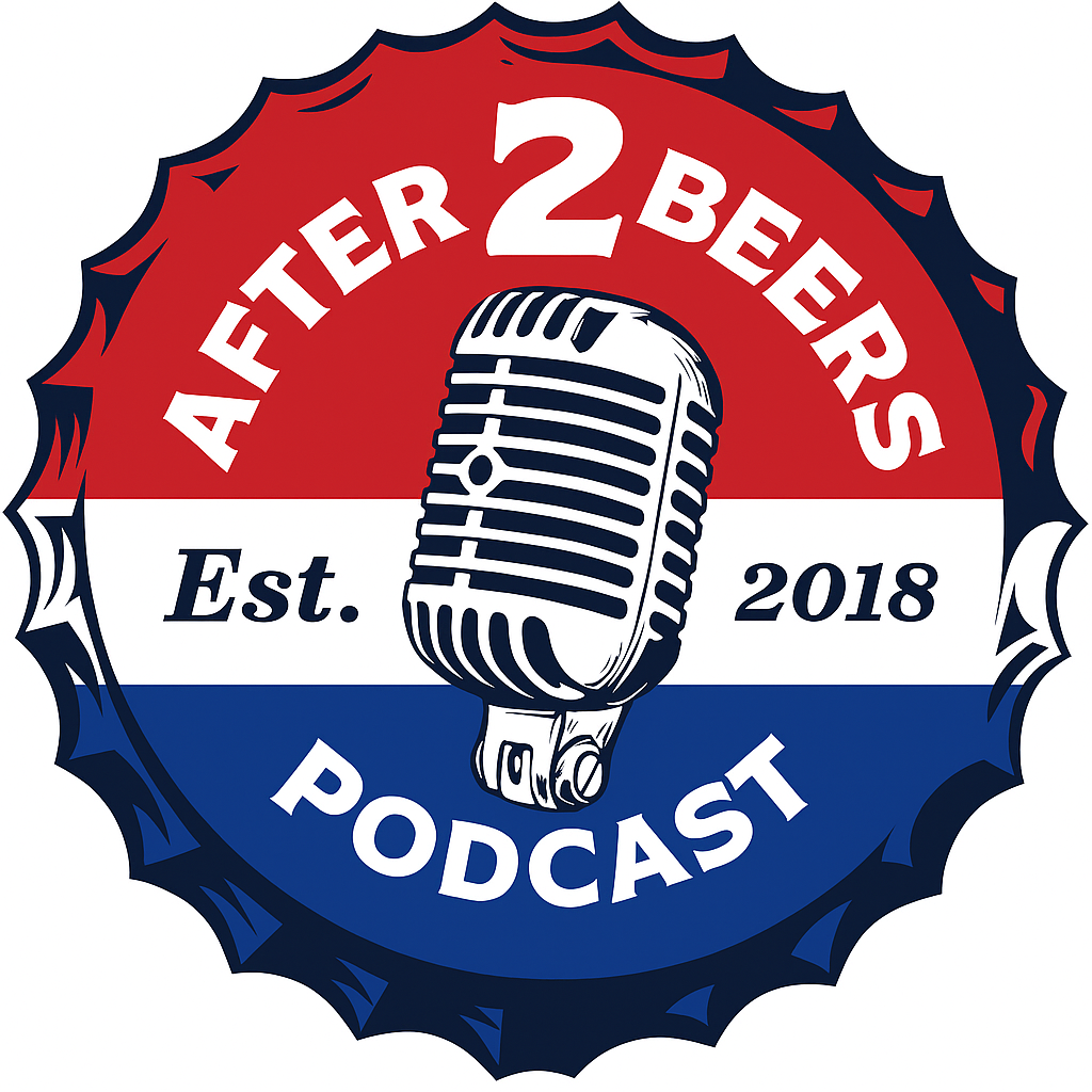 A circular logo with a red, white, and blue color scheme. It features a vintage microphone in the center. The text reads 'After 2 Beers Podcast,' with 'Est. 2018' on either side of the microphone.
