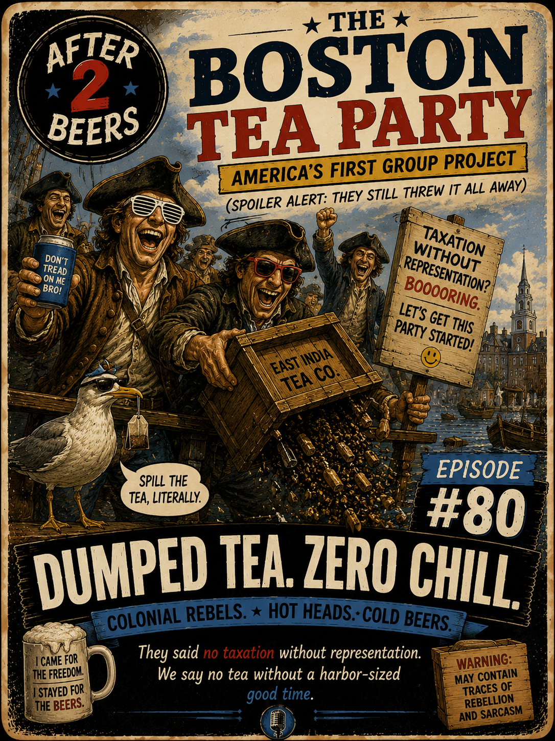 Comic-style poster for episode 80 of 'The Boston Tea Party', titled 'Dumped Tea. Zero Chill.' Features revolutionary-era figures with sunglasses and pirate hats, holding a sign about taxation without representation, a crate labeled 'East India Tea Co.', and a seagull with a tea bag. Includes humorous and rebellious text about tea and taxes, with a background of a harbor with buildings and boats.