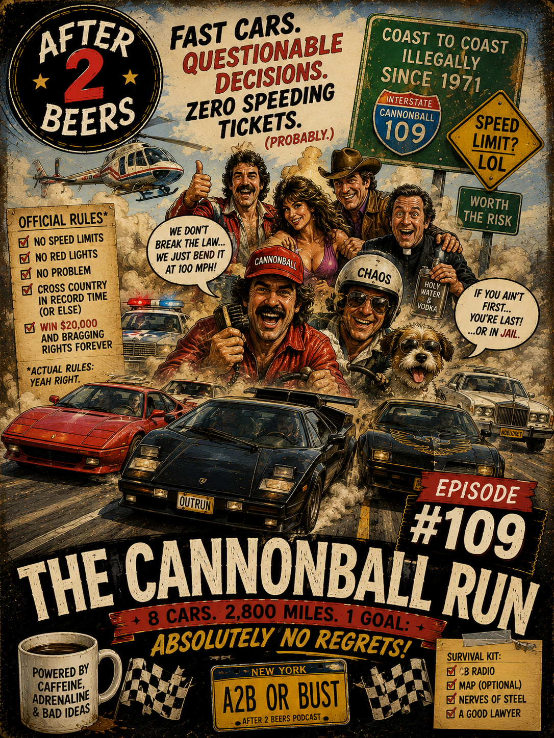A colorful poster promoting a racing event called 'The Cannonball Run' with 8 cars, 2800 miles, one goal, and no regrets. It features a group of excited and happy racers, some in vehicles, with smoke and dust behind them. Several signs and banners indicate the setting is a wild, lawless race, with references to speed, risk, and humor. The poster includes various slogans, rules, and a survival kit list, all styled in a vintage, comic book aesthetic.