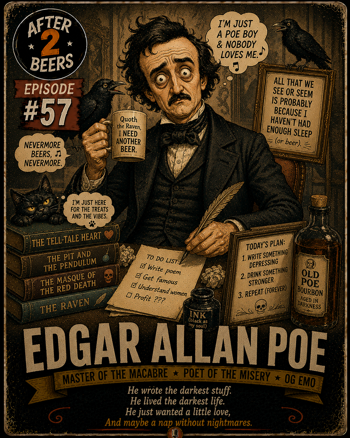 Illustration of Edgar Allan Poe holding a mug with the quote "Quoth the Raven, I need another beer". The background includes Ravens, books titled "The Tell-Tale Heart," "The Pit and the Pendulum," "The Masque of the Red Death," and "The Raven." There are speech bubbles with Edgar saying "I'm just a Poe boy & nobody loves me" and "Nevermore beers, nevermore." There is a sign with Poe's plan to write something depressing, drink something stronger, and repeat forever. An ink bottle labeled "black as my soul" and a bottle of Old Poe bourbon. A black cat resting on the books. A to-do list with tasks like writing a poem, getting famous, understanding women, and profit. The bottom features Poe's name, titles, and a quote about his dark life and love.
