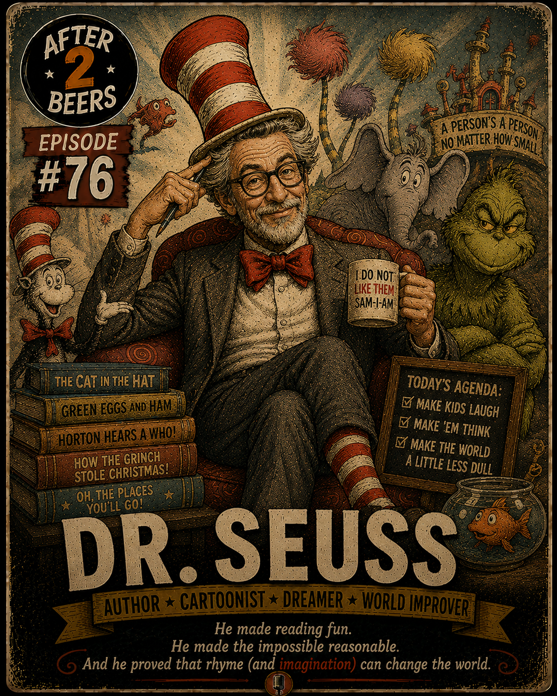 A colorful illustrated poster of Dr. Seuss, featuring him with a large red and white striped hat, holding a mug that says "I DO NOT LIKE THEM SAM-I-AM," surrounded by whimsical characters and books. The poster includes details about his works and a list of today's agenda with positive goals, celebrating Dr. Seuss's contributions to literature.