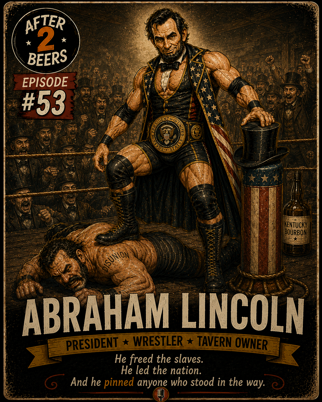 A cartoon-style illustration of Abraham Lincoln as a wrestler, standing victorious on a wrestling ring over a defeated opponent. Lincoln is dressed in a wrestling singlet with American flag details and a presidential collar, holding a top hat. The opponent has a tattoo that reads "DISUNION" and is lying on the ground. In the background, a crowd of men in 19th-century attire cheers. There is a bottle labeled "Kentucky Bourbon" and a large figure of a belt with Lincoln's seal. Text at the bottom reads: "ABRAHAM LINCOLN, PRESIDENT, WRESTLER, TAVERN OWNER. He freed the slaves. He led the nation. And he pinned anyone who stood in the way."