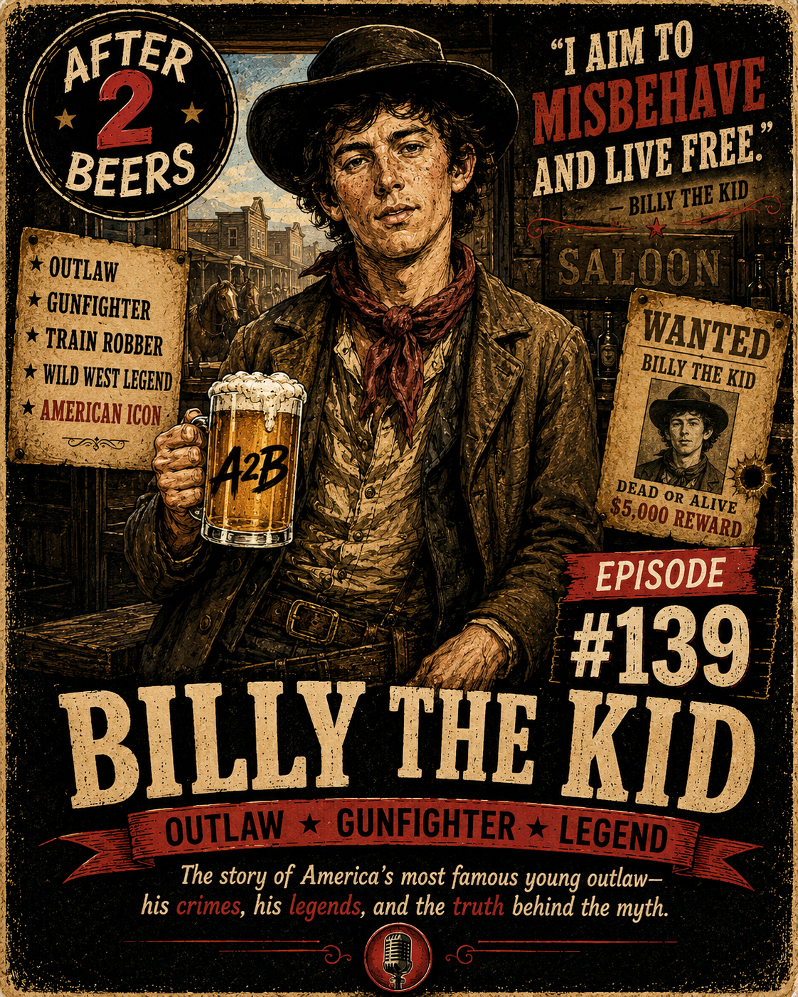 Illustration of Billy the Kid, a western outlaw, holding a mug of beer, with various posters and signs referencing his legend, crimes, and a reward for his capture, set against a saloon background.