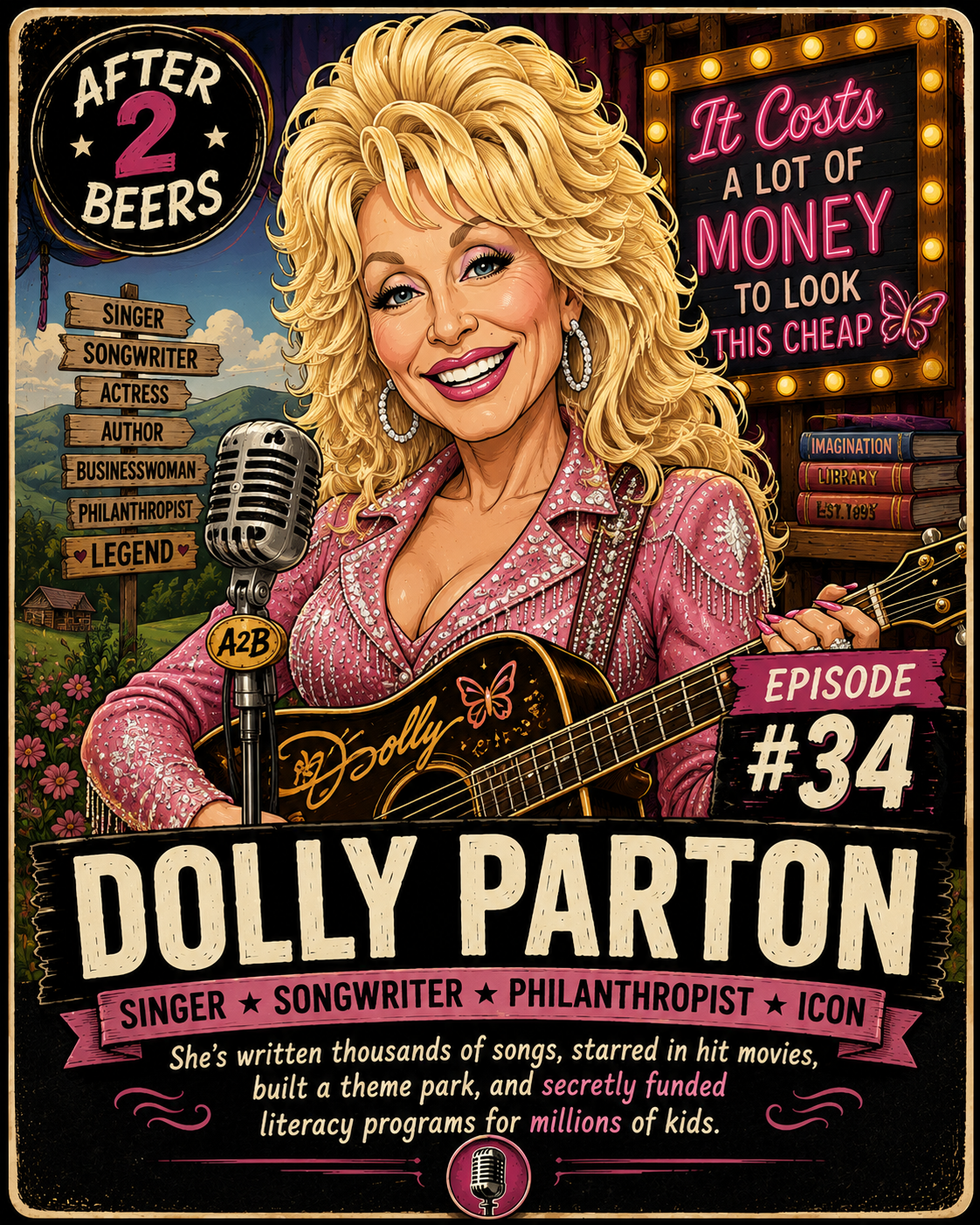 Illustration of Dolly Parton with long, curly blonde hair singing and playing guitar in a pink, sparkly outfit. Background features a rural landscape, neon and marquee signs, and a poster reading "After 2 Beers". Text highlights her career as singer, songwriter, philanthropist, icon, and her episode number 34, with a description of her achievements.