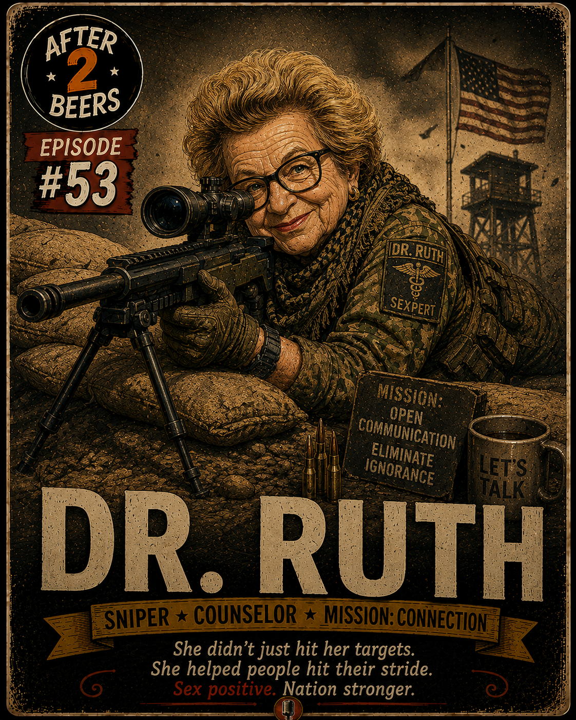 An older woman dressed in military camouflage lying prone with a sniper rifle, wearing glasses and military patches including 'Dr. Ruth' and 'Sexpert'. She is smiling and aiming through the scope. Behind her, there is an American flag and a watchtower. She has a sign that reads 'Mission: Open Communication, Eliminate Ignorance', a mug with 'Let's Talk', and bullets nearby. The poster promotes Dr. Ruth as a sniper, counselor, and mission of connection, emphasizing her role in helping people hit their stride and promoting a sex-positive, stronger nation.