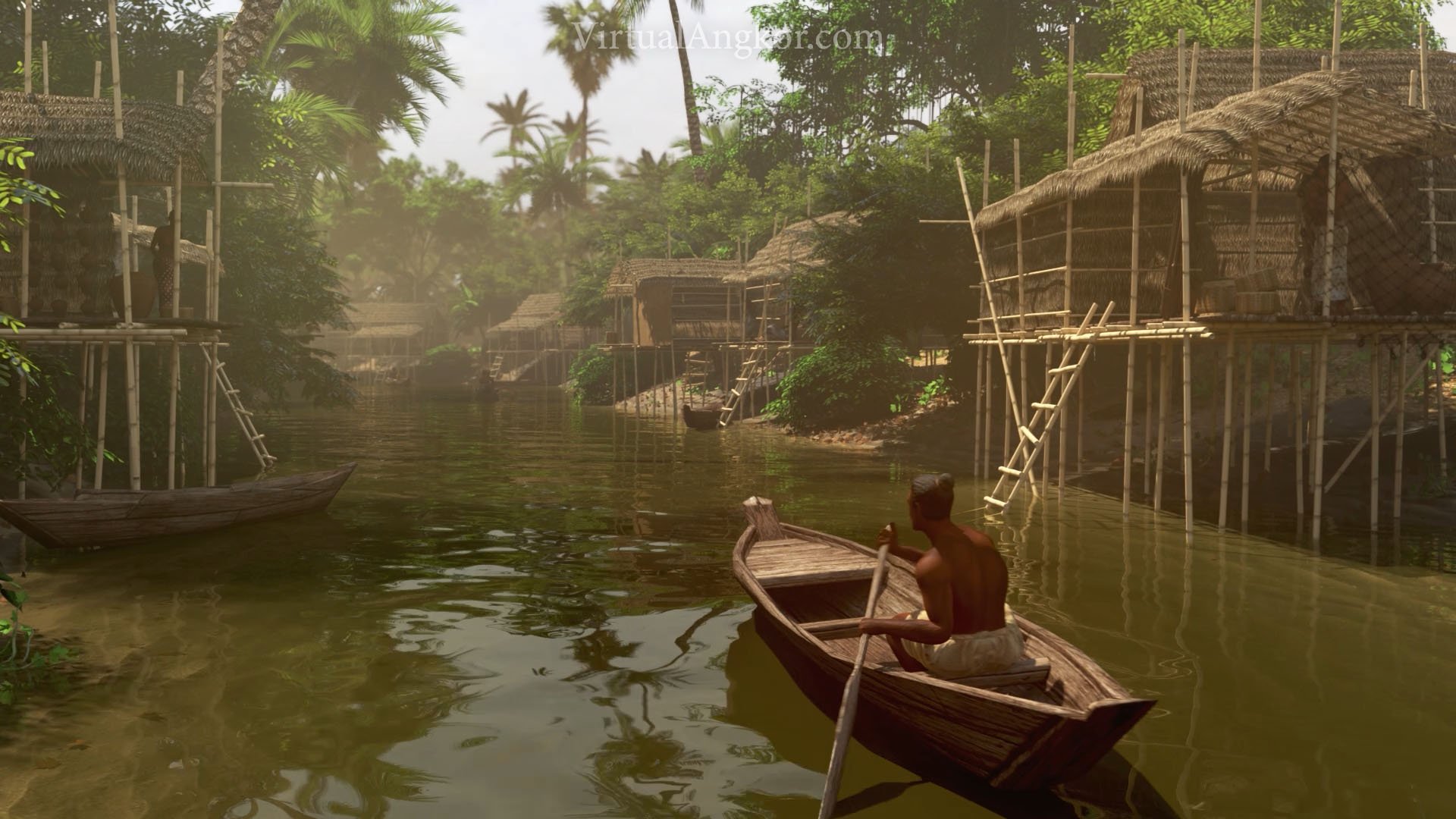 Canoe paddles down a canal