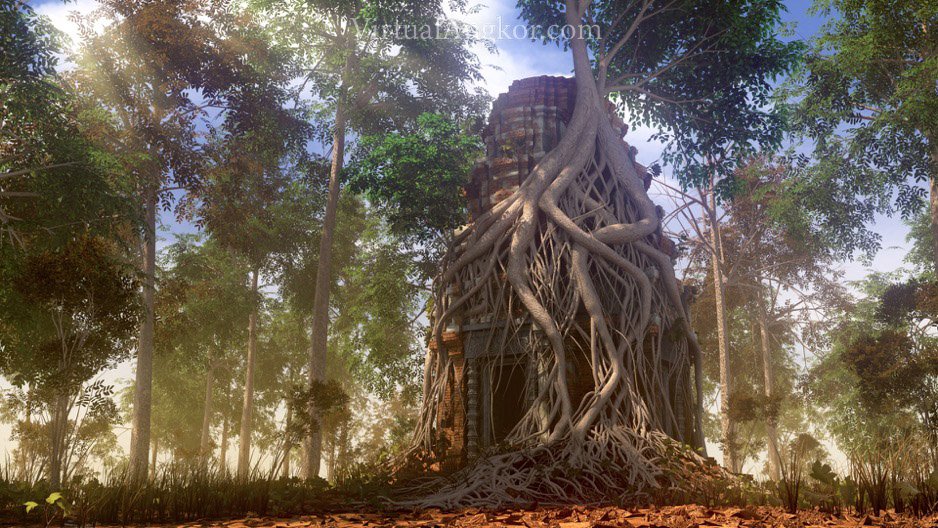 Tree roots wrap around an abandoned shrine 