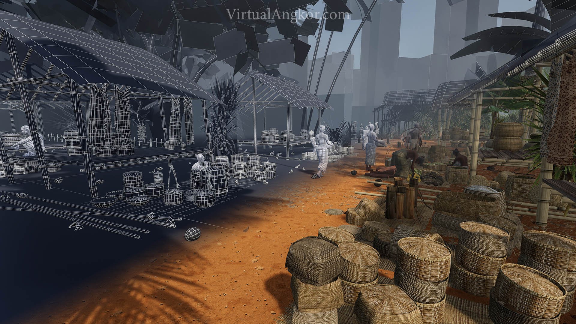 3D wireframe of a market scene