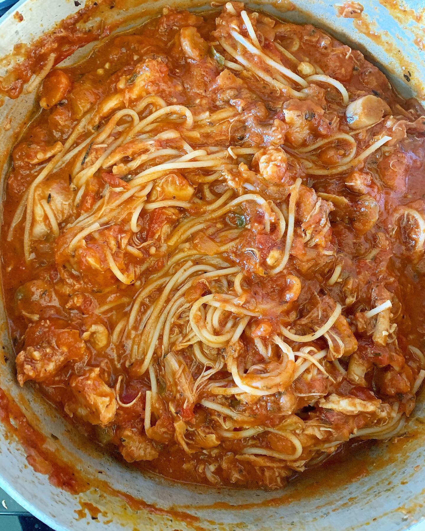Break Out Your Magnalite &amp; let this Chicken Spaghetti Simmer all afternoon long. Check out stories &amp; stove top highlight for recipe.

I grew up on a Golden Chicken Spaghetti, not a red sauce one. Petey was the complete opposite. So, when I sa