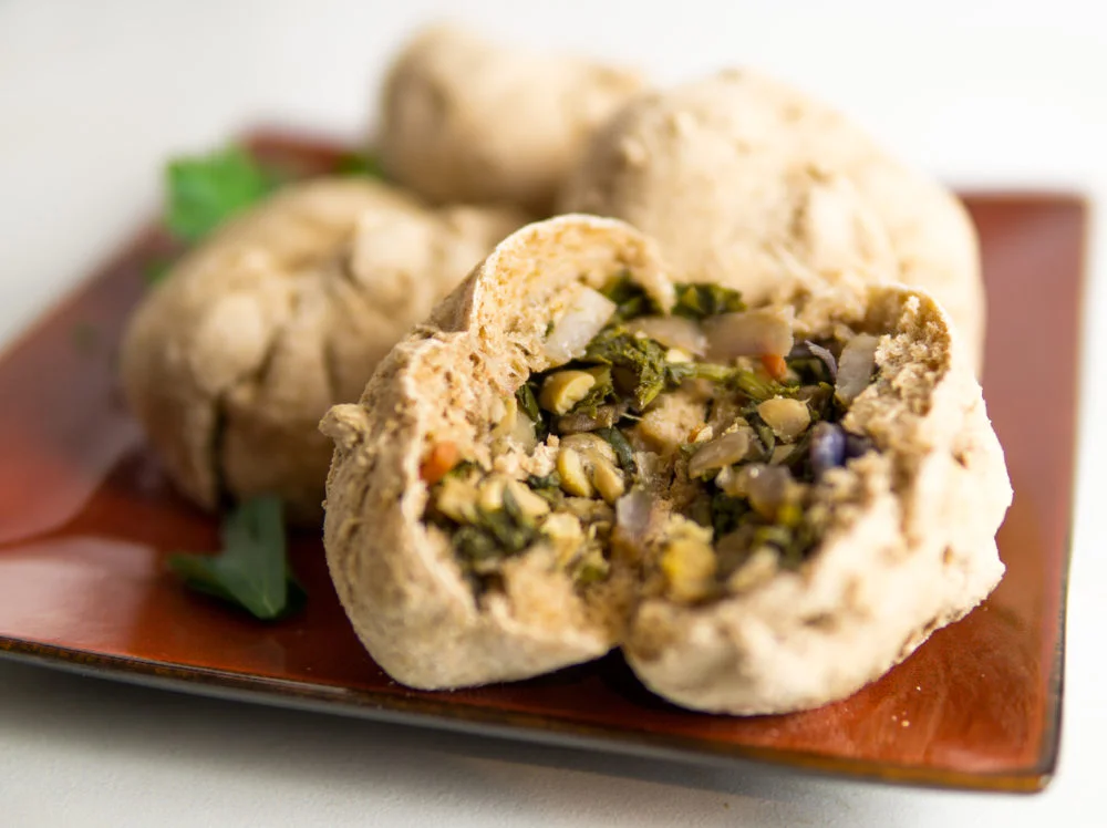 Tempeh, kale and mushroom whole wheat Asian (baked or steamed) buns